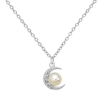 Gemistry Sterling Silver Cubic Zirconia & Freshwater Cultured Pearl Crescent Moon Pendant Necklace