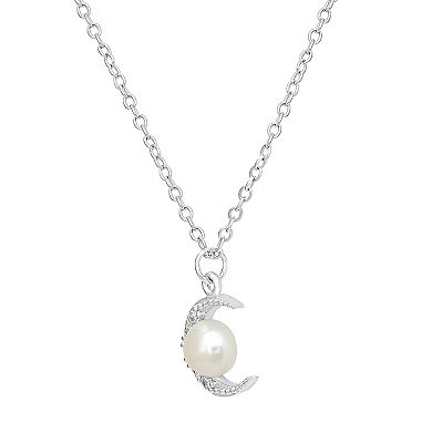 Gemistry Sterling Silver Cubic Zirconia & Freshwater Cultured Pearl Crescent Moon Pendant Necklace