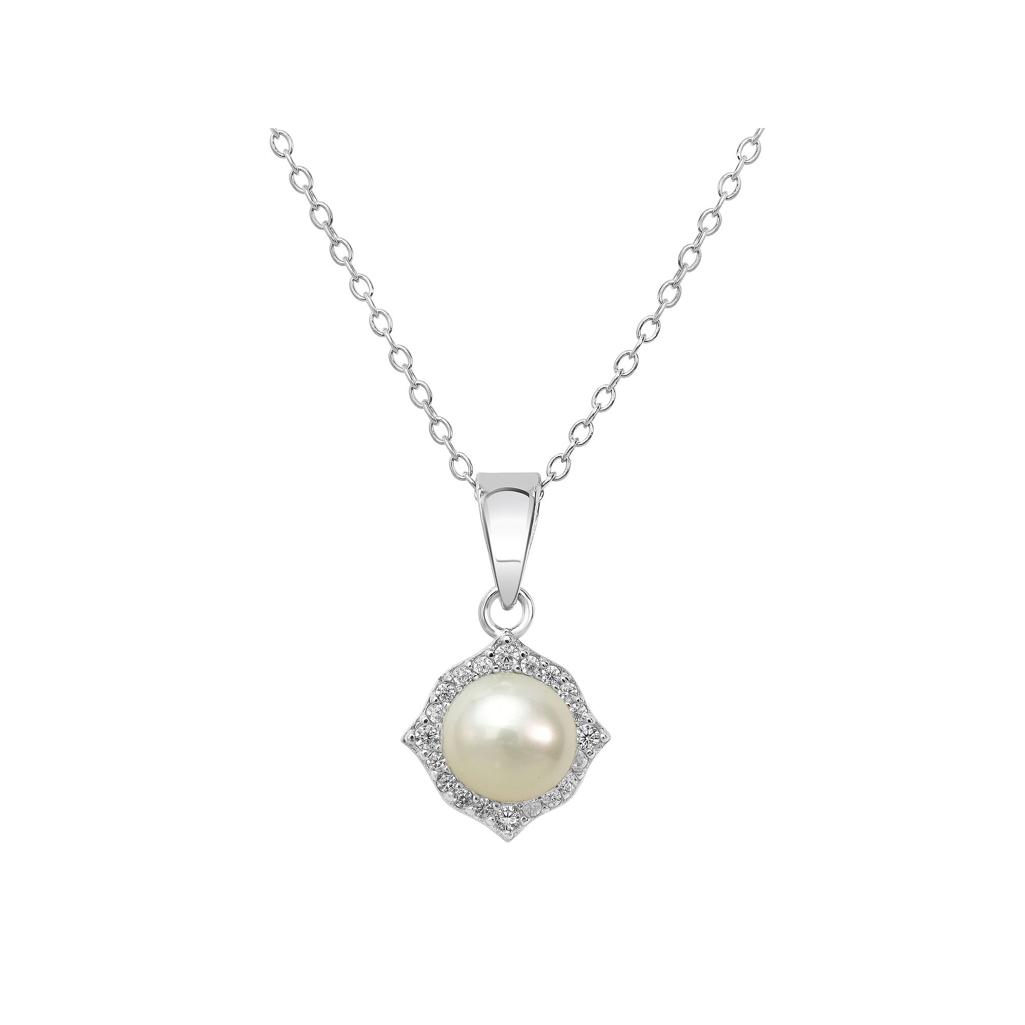 Gemistry Sterling Silver Cubic Zirconia Border & Freshwater Cultured Pearl