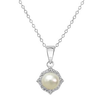 Gemistry Sterling Silver Cubic Zirconia Border & Freshwater Cultured Pearl Pendant Necklace