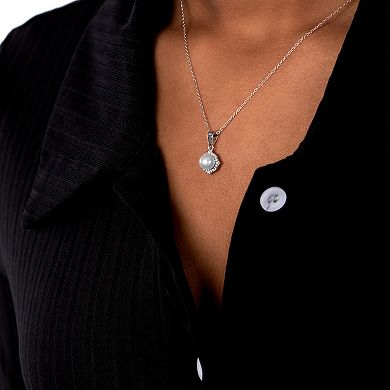 Gemistry Sterling Silver Cubic Zirconia Border & Freshwater Cultured Pearl Pendant Necklace