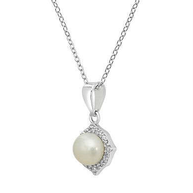 Gemistry Sterling Silver Cubic Zirconia Border & Freshwater Cultured Pearl Pendant Necklace