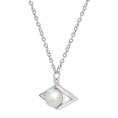 Gemistry Sterling Silver Freshwater Cultured Pearl Diamond Border Pendant Necklace