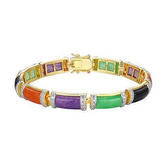 Dynasty Jade 18k Gold over Sterling Silver Diamond Accent Dyed Multi Colored Jade Station Bracelet