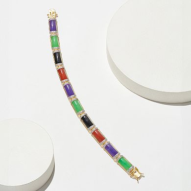 Dynasty Jade 18k Gold over Sterling Silver Diamond Accent Dyed Multi Colored Jade Station Bracelet