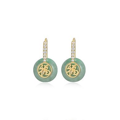 Dynasty Jade 18k Gold over Sterling Silver Jade & Cubic Zirconia Good Fortune Drop Earrings