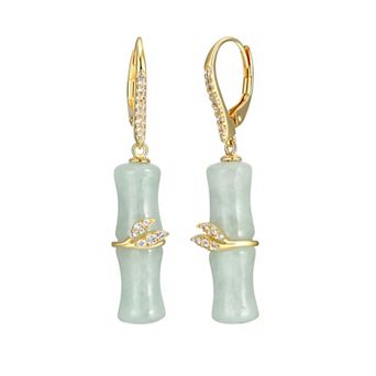 Dynasty Jade 18k Gold over Sterling Silver Green Jade & White Topaz Bamboo Motif Drop Earrings