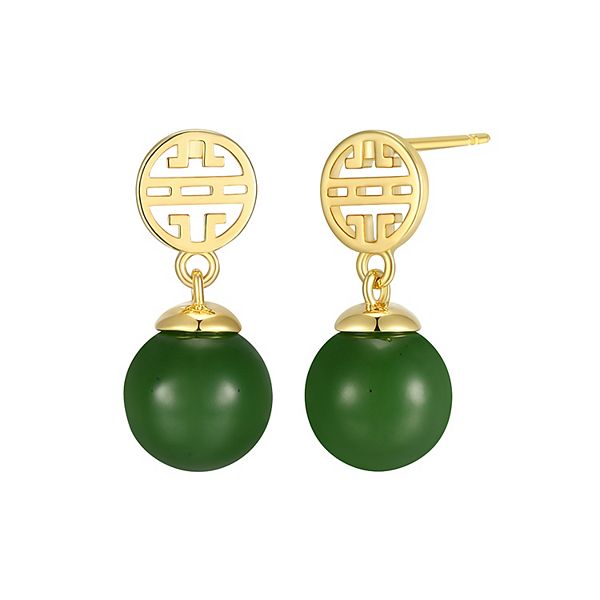Dynasty Jade Sterling Silver Nephrite Jade Bead Drop Earrings - Gold Tone