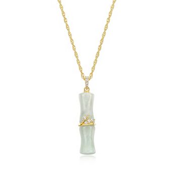 Dynasty Jade 18k Gold over Sterling Silver Green Jade & White Topaz Bamboo Motif Pendant Necklace