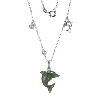 Dynasty Jade Sterling Silver Genuine Nephrite Jade & Lab-Created White Sapphire Dolphin Pendant Necklace