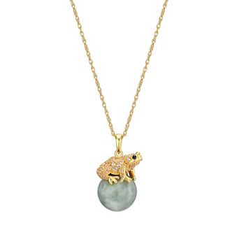 Dynasty Jade 18k Gold over Sterling Silver Jade, White Topaz, & Black Sapphire Frog Pendant Necklace