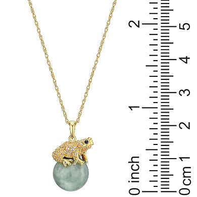 Dynasty Jade 18k Gold over Sterling Silver Jade, White Topaz, & Black Sapphire Frog Pendant Necklace