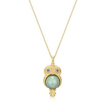 Dynasty Jade 18k Gold over Sterling Silver Genuine Jade, Blue Topaz, & Cubic Zirconia Owl Pendant Necklace