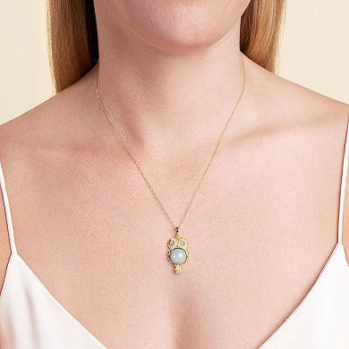 Dynasty Jade 18k Gold over Sterling Silver Genuine Jade, Blue Topaz, & Cubic Zirconia Owl Pendant Necklace