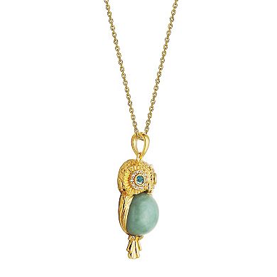 Dynasty Jade 18k Gold over Sterling Silver Genuine Jade, Blue Topaz, & Cubic Zirconia Owl Pendant Necklace