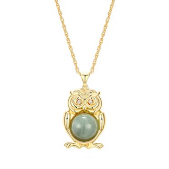 Dynasty Jade 18K Gold over Sterling Silver Genuine Jade & Diamond Accent Owl Pendant Necklace
