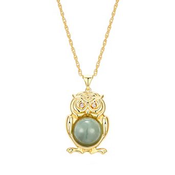 Dynasty Jade 18K Gold over Sterling Silver Genuine Jade & Diamond Accent Owl Pendant Necklace