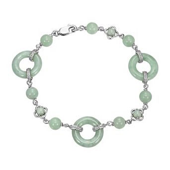 Dynasty Jade Sterling Silver Genuine Jade Carved Link & Bead Station Bracelet