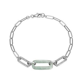 Dynasty Jade Sterling Silver Genuine Jade & White Topaz Paperclip Chain Bracelet