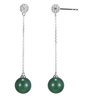 Dynasty Jade Sterling Silver Genuine Nephrite Jade & Lab-Created White Sapphire Bead Drop Earrings