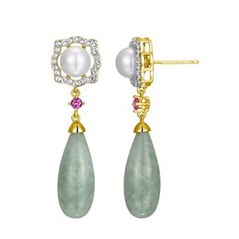 Dynasty Jade 18k Gold over Sterling Silver Genuine Jade, Freshwater Cultured Pearl, White Topaz & Lab-Created Pink Sapphire Teardrop Drop Earrings