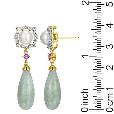 Dynasty Jade 18k Gold over Sterling Silver Genuine Jade, Freshwater Cultured Pearl, White Topaz & Lab-Created Pink Sapphire Teardrop Drop Earrings