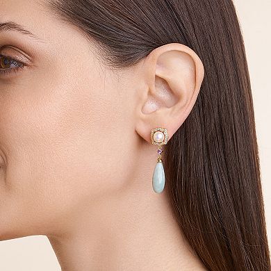 Dynasty Jade 18k Gold over Sterling Silver Genuine Jade, Freshwater Cultured Pearl, White Topaz & Lab-Created Pink Sapphire Teardrop Drop Earrings