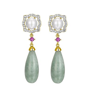 Dynasty Jade 18k Gold over Sterling Silver Genuine Jade, Freshwater Cultured Pearl, White Topaz & Lab-Created Pink Sapphire Teardrop Drop Earrings
