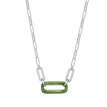 Dynasty Jade Sterling Silver Genuine Nephrite Jade & White Topaz Paperclip Necklace