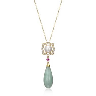 Dynasty Jade 18k Gold over Sterling Silver Genuine Jade, Freshwater Cultured Pearl, White Topaz, & Lab-Created Pink Sapphire Teardrop Pendant Necklace