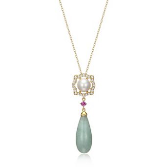 Dynasty Jade 18k Gold over Sterling Silver Genuine Jade, Freshwater Cultured Pearl, White Topaz, & Lab-Created Pink Sapphire Teardrop Pendant Necklace