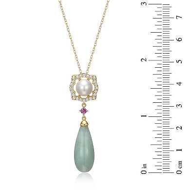 Dynasty Jade 18k Gold over Sterling Silver Genuine Jade, Freshwater Cultured Pearl, White Topaz, & Lab-Created Pink Sapphire Teardrop Pendant Necklace