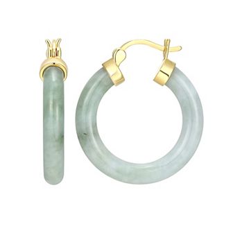 Dynasty Jade 18k Gold over Sterling Silver Smooth Jade Hoop Earrings