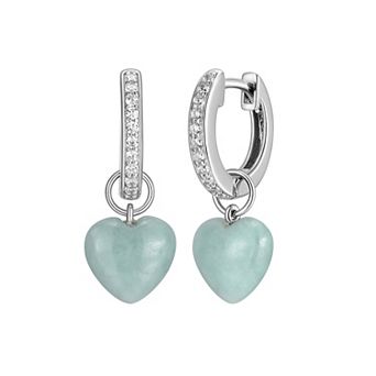 Dynasty Jade Sterling Silver Genuine Jade & Cubic Zirconia Heart Drop Hoop Earrings