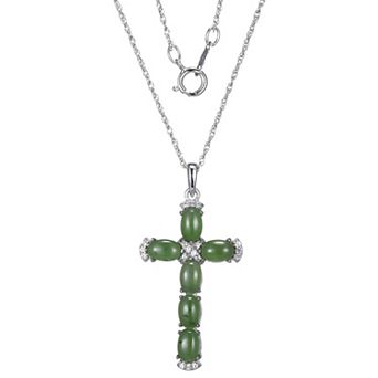 Dynasty Jade Sterling Silver Nephrite Jade & Lab-Created White Sapphire Cross Pendant Necklace