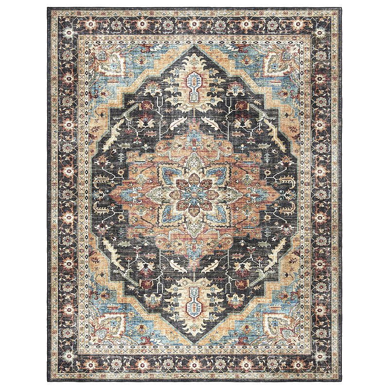 Crystal Print Tiefi Traditional Oriental Black/Beige Non-Slip Washable Indoor Area Rug  3x5