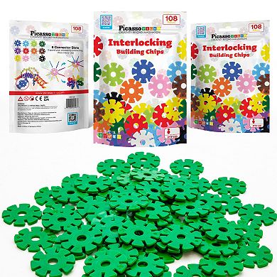 PicassoTiles 108pc Green Interlocking Plastic Disc, Building Chip Blocks Toy Set for Boys & Girls 3+