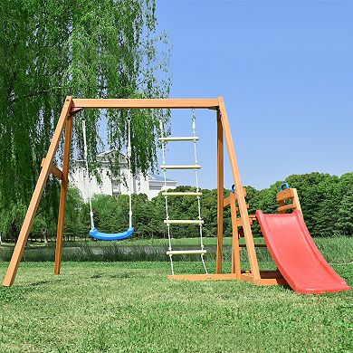 Outdoor Wooden Swing Set With Slide