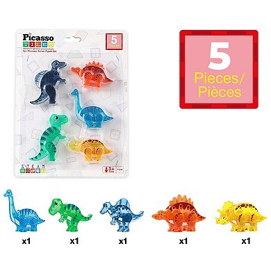 PicassoTiles 5 Piece Dinosaur , STEM Toy Magnetic Tiles, Building Blocks for Kids Age 3 & Up, PTA28