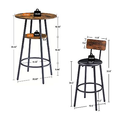 3-piece Round Bar Stool Set-table With Shelf, Upholstered Stool With Backrest