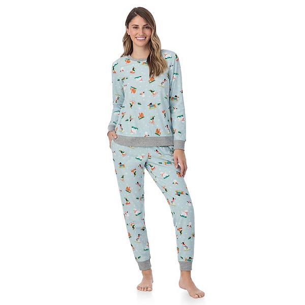 Women's Cuddl Duds® Long Honeycomb Fleece Pajama Top & Pajama Joggers Set - Mint Dogs (L LONG)