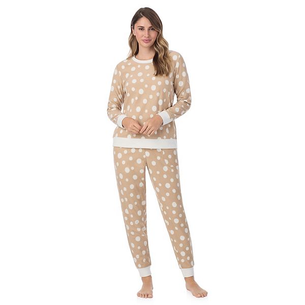 Women's Cuddl Duds® Long Honeycomb Fleece Pajama Top & Pajama Joggers Set - Oatmeal Dots (XXL LONG)