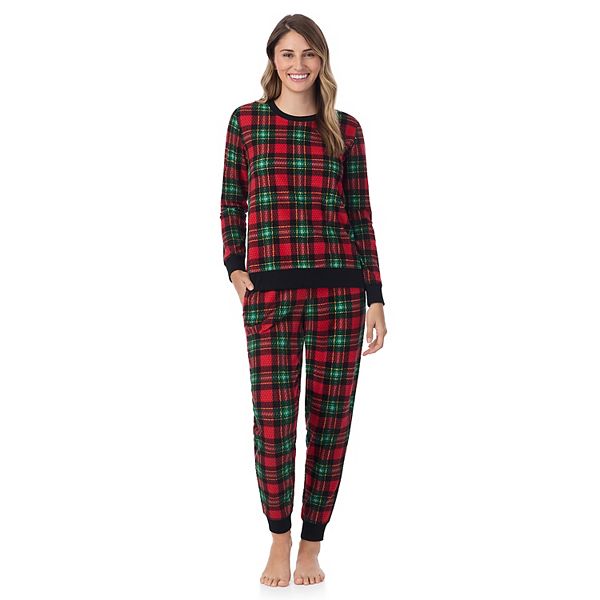 Women's Cuddl Duds® Long Honeycomb Fleece Pajama Top & Pajama Joggers Set - Red Plaid (XXL LONG)