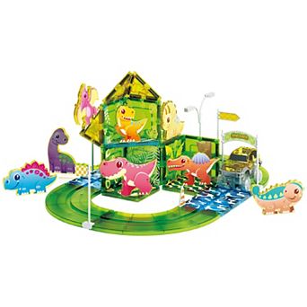 PicassoTiles 89 pc Dino Park, Racetrack, Magnet Tile, Building Block for Kid Age 3 & Up, PTR02