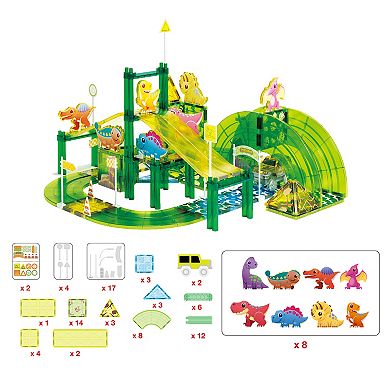 PicassoTiles 89 Piece Dino Park, Racetrack, Magnet Tile, Building Block for Kid Age 3 & Up, PTR02