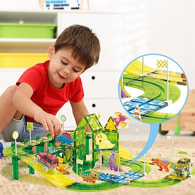 PicassoTiles 89 Piece Dino Park, Racetrack, Magnet Tile, Building Block for Kid Age 3 & Up, PTR02