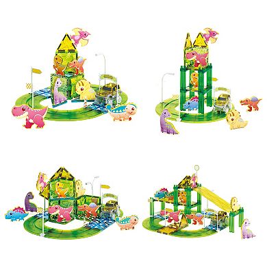 PicassoTiles 89 Piece Dino Park, Racetrack, Magnet Tile, Building Block for Kid Age 3 & Up, PTR02