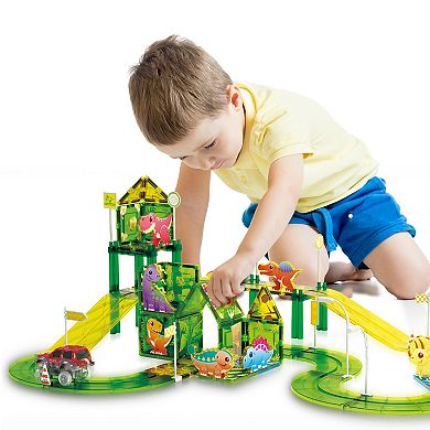 PicassoTiles 89 Piece Dino Park, Racetrack, Magnet Tile, Building Block for Kid Age 3 & Up, PTR02