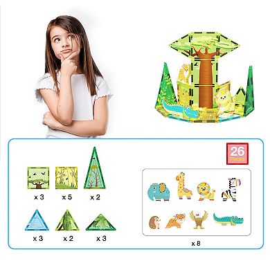 PICASSO-TILES 26 PC Safari Themed, Magnetic Tiles, Magnetic Building Blocks for Kids 3+