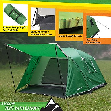 Wakeman Outdoors 4 Person Camping Tent with Attached Porch Canopy & Carrying Bag